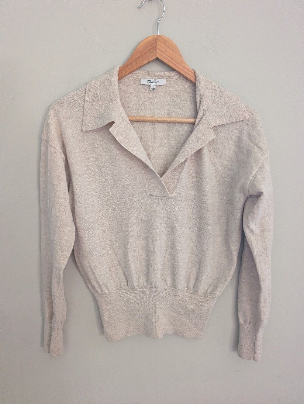 Madewell Tan Merino Wool V neck Polo Sweater Size S